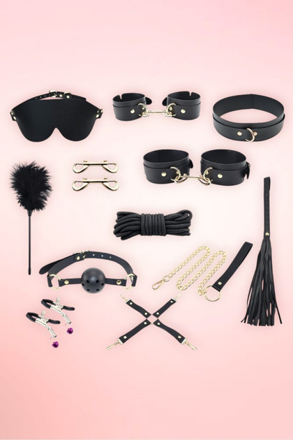 13 piece bondage kit for beginners in gold tone hardware top view
