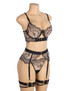 Yvonne Plus Size Beige Black Bra Garter Belt Lingerie Set