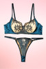 Teal Satin Lace Bra and Panty Set.