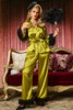 Thelma Green Satin Feather Trim Pajama Set