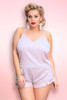 Katrina lilac grey plus size lingerie set, satin cami and ruffle shorts pajama set for curvy women, pin-up style sleepwear