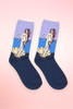Full-color Botticelli painting print on lavender and navy crew socks.