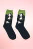 Full-color da Vinci portrait print on olive green and black crew socks.