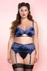 Girona Navy Blue Satin Plus Size Lingerie Set with. Garter Belt.
