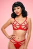 Vina Red Open Cup Rhinestone Bra and Strappy Thong Set.