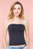 Black Bandeau Tube top with built in padded bra  worn by a model front view
