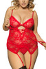 Red Marla Lace up Lace Garter Camisole Thong Set Plus Size