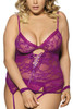 Purple Marla Lace up Lace Garter Camisole Thong Set PLUS SIZE