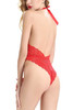 Drew Red Lace Halter Plunging Sheer Tanga Teddy with Lace Embroidered Eye Mask