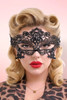 Lace Eye mask  worn by a pin-up girl with red lips.