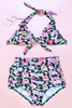 Retro Floral Print Tiki Halter  Two Piece High Waisted Swimsuit  actual product picture on a mannequin front view 
