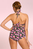 Retro Floral Print Tiki Halter  Two Piece High Waisted Swimsuit  worn by a model back view 