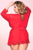 Carol  Plus Size Red Robe Sheer Kimono Dressing gown with Eyelash lace trim  worn by a curvy model back view 