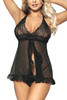 Tammy Black Rosy Lace Ruffle Racerback Open Front Babydoll Lingerie