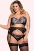 Plus Size Black Bustier Bra. Set with Garter Belt and cheeky panty.