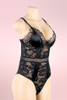 Teagan Black Satin Lace Bodysuit Teddy Lingerie actual product picture on a mannequin quarter side view 