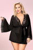 Matilda Elegant Black Sheer Lace Trimmed Plus Size Robe Kimono Lingerie  worn by a model front view 
