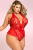 Victoria Plunging Red Lace Plus Size Bodysuit Teddy Lingerie  worn by a model front view 