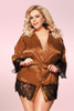 Veronica Brown Satin Plus size Robe with black eyelash lace trim  worn by a model front view 