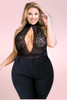 Zoe Black lace Bodysuit Teddy Lingerie with Plunging Neckline  worn by a model front view with pants