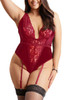 Valeria Red Velvet Garter Plunging Bodysuit Teddy Plus Size