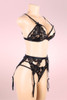 Lacie Heart Black Lace Bra Garter Belt Panty Lingerie Set actual product picture on a mannequin quarter side view 