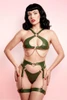 Sarvienne Green  Faux Leather Cross Bra Garter Belt Harness Set