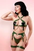 Sarvienne Green  Faux Leather Cross Bra Garter Belt Harness Set