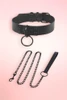 Black Pleather Bondage Collar Choker w/ Detachable Chain Leash