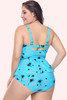 Back View Plus Size Midge Sky blue Peplum Tankini and High Waist Retro Vintage swimsuit with molded cups and cute tiny pink flamingo prints and black palm tree silhouette.