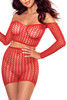 Gretchen Red Sparkle Fishnet Off Shoulder Long Sleeves Skirt Body Stockings set