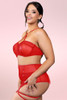 Pippa Red Mesh Bra Highwaist Garter Belt Panty Bondage plus size Lingerie Set  worn by a model quarter side view 