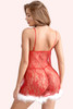 Sexy Santa Red Lace Babydoll with White Marabou Feather Trimmed hem worn by a model back view
