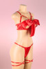 Cerise Red satin open cup bra g string thong and thigh garter lingerie set actual product photo on a mannequin quarter view
