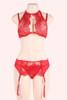 Kendra Red Lace Halter Crop Bra Garter Belt Plus Size Lingerie Set