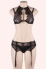 Kendra Black Lace Halter Crop Bra Garter Belt Plus Size Lingerie Set