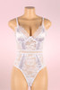 Teagan White Satin Lace Plus Size Bodysuit Teddy Lingerie  actual product picture on a mannequin front view 