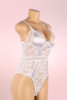 Teagan White Satin Lace Plus Size Bodysuit Teddy Lingerie actual product picture on a mannequin quarter side view 
