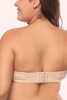 back view of a beautiful curvy woman wearing beige plus size big cup D strapless bra showing the hook and eye back closure