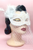 Retro Polkadot Venetian White Masquerade Mask with Veil quarter side view on a vintage mannequin head
