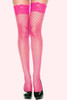 Hot pink lace top fishnet thigh high stockings with medium holes worn by a model front view