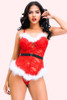Plus Size Santa Baby Red Lace Cami Corset with White Marabou Feather Trimmed Neckline and Hem worn by a model front view with one hand on her head