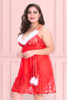 Noelle Plus Size Christmas Babydoll Lingerie in red lace and mesh with white marabou neckline trimmings and pompom ties worn by a curvy model quarter side view