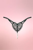 retro Heart Embroidered Black Lace Crotchless Pearl Thong