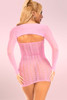 Pink bodystockings  Carmen in fishnet heart pattern tube dress with a matching separate cropped long sleeve bolero  worn by a model back view 