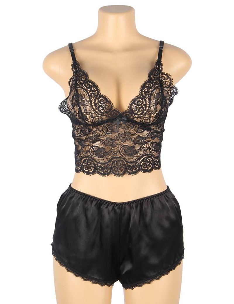 Amelia Plus Size Black Lace Satin Pajama Short Set
