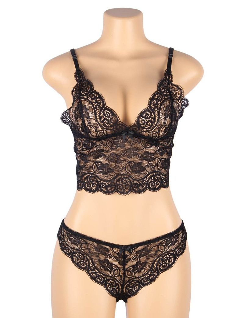 Amelia Plus Size Black Lace Satin Pajama Short Set