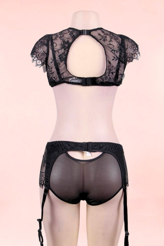 Dorian Plus Size Black Floral Bralette Garter Belt Lingerie Set