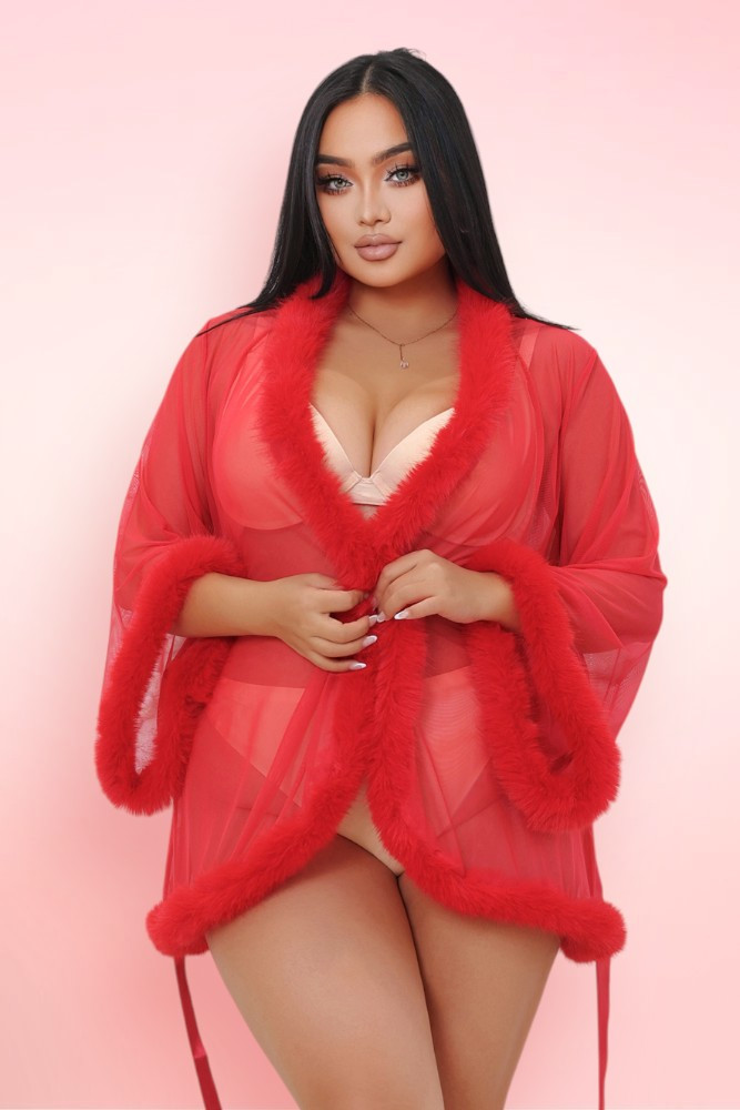Betty Red plus size robe with faux fur mink trim.