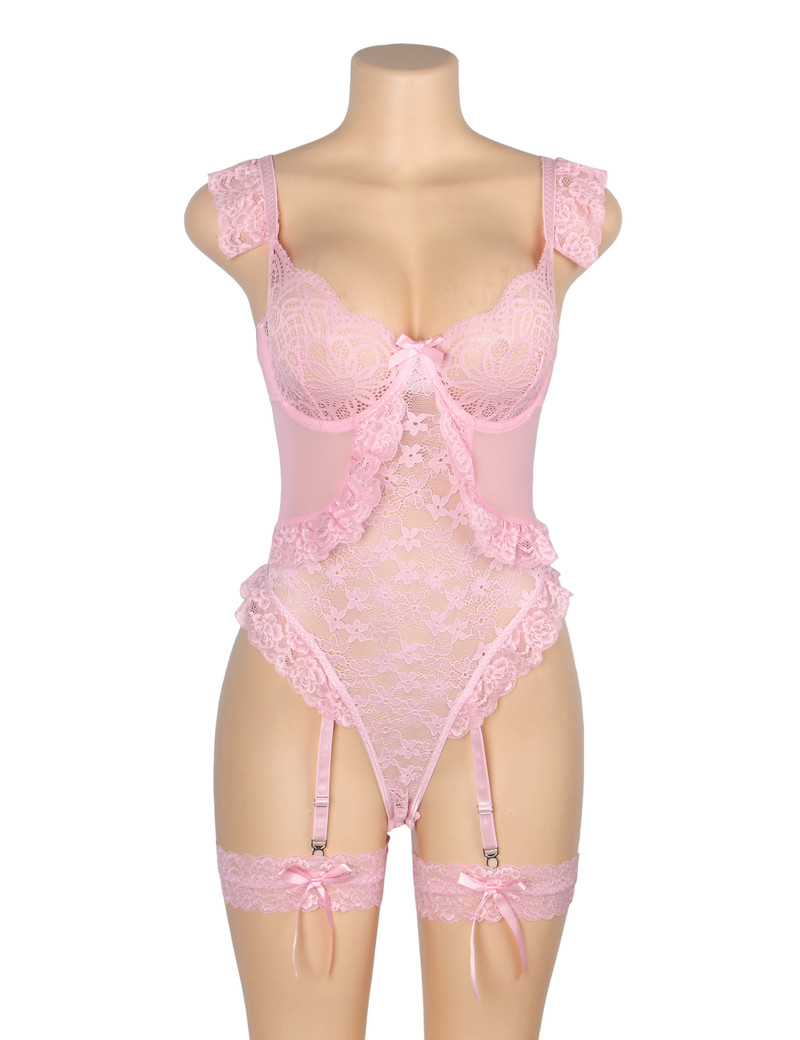 Judy Plus Size Pink Lace Garter Teddy Bodysuit